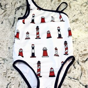 Monica + Andy White One Piece Swimsuit with Red and Navy Lighthouses